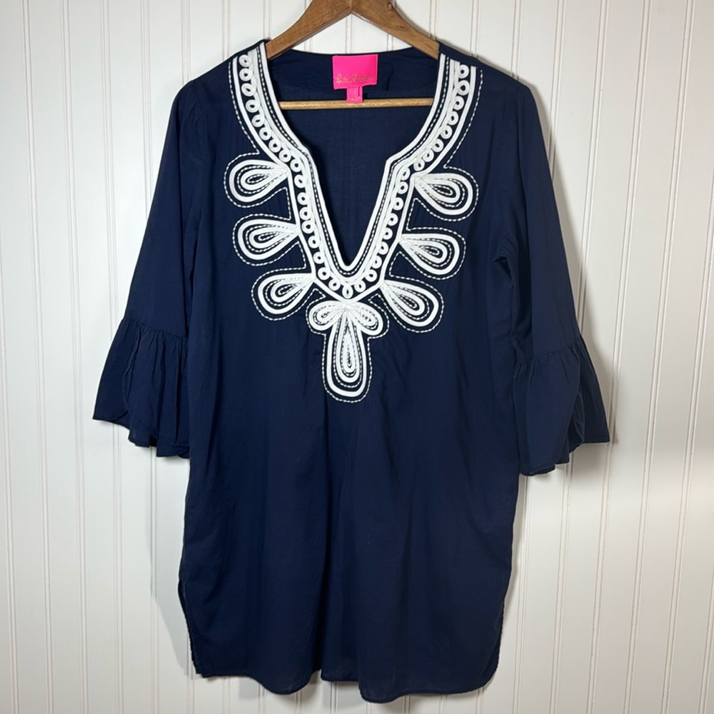 Lilly Pulitzer Navy Blue White Swim Bathing Suit Coverup Embroidered Dress Small